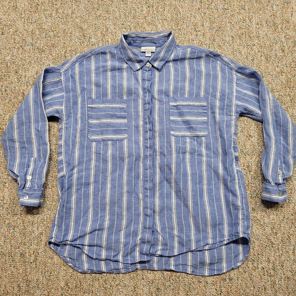 J Jill Love Linen Shirt Women Small Petite SP Blue Striped Button Up Long Sleeve